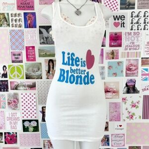 y2k life is better blonde graphic tank mini dress hanes size S/M